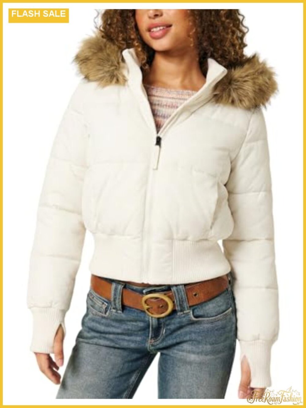 Women Cropped Puffer Jacket Quilted Faux Fur Hood Winter Coat
